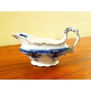 Antique Johnson Bros. Flow Blue Gravy Boat 7.5"  Embossed Scalloped Handled